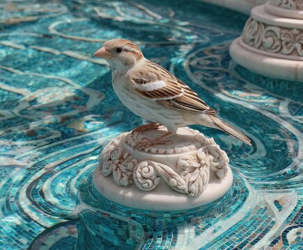 Sparrow perched on decorative fountain