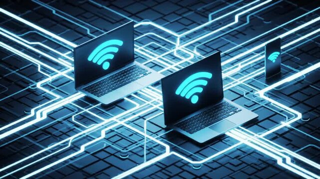 Two Laptops and a Phone Displaying Blue Wireless Signal on Tech Background