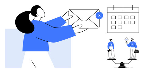 Woman receiving an email with notification badge, illustrated next to a calendar and a balance with two professionals. Ideal for productivity, communication, planning, teamwork, work-life balance