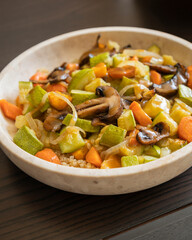 A cozy fall-inspired quinoa bowl filled with roasted vegetables, served warm and fresh