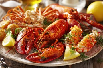Delicious seafood feast featuring a variety of crustaceans served on an elegant platter with fresh lemon and herbs