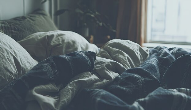 Messy bed, draped in soft blankets and pillows, in a dimly lit room - Powered by Adobe