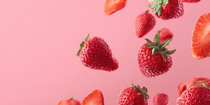 Fresh Strawberries Falling Against a Pink Background