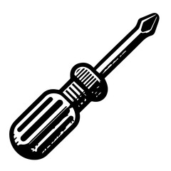 Illustration of a black and white flathead screwdriver with a textured handle and a pointed tip tool