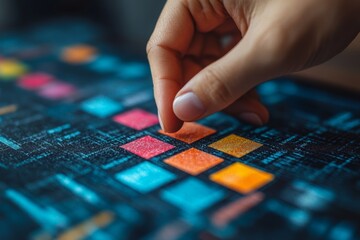 Fototapeta premium Hand of entrepreneur selecting correct project milestone checkbox on mobile interface symbolizing goal achievement and business success roadmap