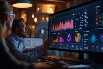 Business team collaborating on touchscreen to review and approve quarterly report with performance charts and financial analytics