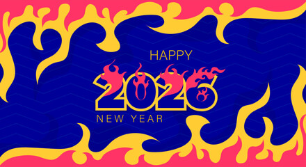 Happy New Year 2026. Design template background with flames and blue waves. 2026 fire logo concept of burning offer