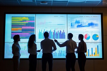 Business team collaborating on touchscreen to review and approve quarterly report with performance charts and financial analytics