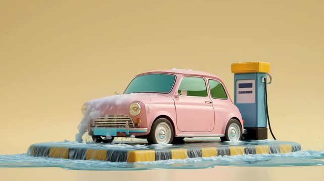3D rendering model of a car getting a car wash surrounded by soap bubbles and splashing water	