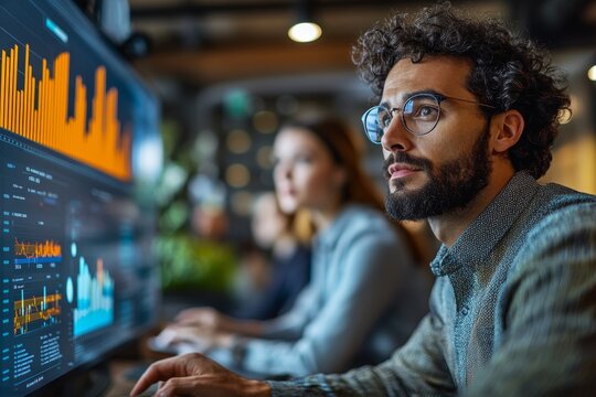 Business team collaborating on touchscreen to review and approve quarterly report with performance charts and financial analytics - Powered by Adobe