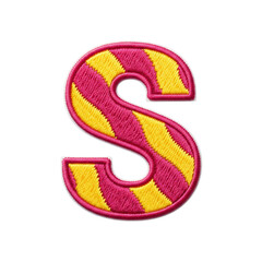A vibrant, embroidered patch featuring the letter s with a playful pink and yellow striped design. Perfect for clothing, crafts, or decorative projects.