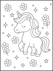  Adorable Fantasy Unicorn with Flowers and Stars Coloring Page for Kids. Easy coloring for young children.