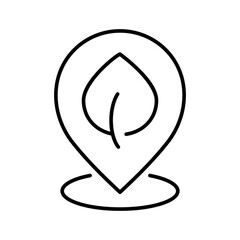Map pin with leaf line icon. Eco friendly location. Sustainable place, green area, natural park, local farming and healthy organic products. Eco conscious travel destinations. Vector illustration. 