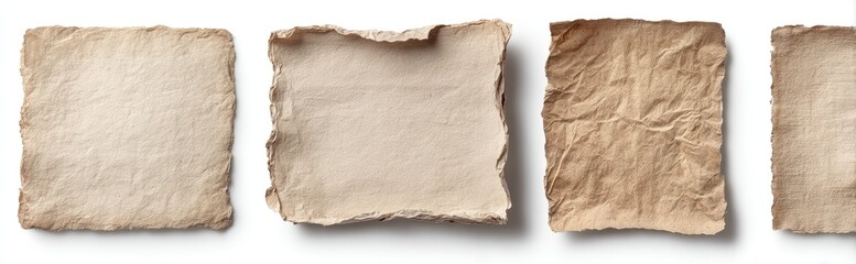 Fototapeta premium Four square pieces of torn, light brown kraft paper on a white background