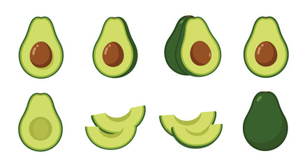 Collection of fresh avocados in various slices and a whole fruit