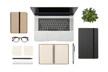 Laptop computer with notebooks pens glasses and succulent plant isolated on transparent background