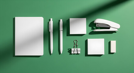 Blank Stationery Mockup on Green Background | Flat Lay of Office Supplies for Branding and Design Presentation