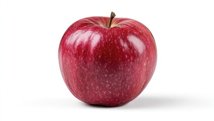 A single, vibrant red apple, whole and isolated against a white background.  The apple exhibits a glossy, smooth skin with a subtle speckled pattern.  A stem is visible at the top.  