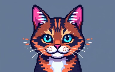 Pixel art cat with vibrant colors and expressive features.