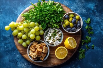 Elegant Cheese and Fruit Platter with Fresh Herbs on Round Wooden Board