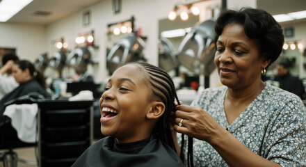 This joyful image captures a young Black girl with cornrows laughing while a skilled stylist intricately braids her hair in a bustling, warmly lit salon, evoking a timeless sense of community and care