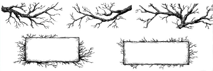 Black and white illustrations of stylized tree branches and rectangular frames