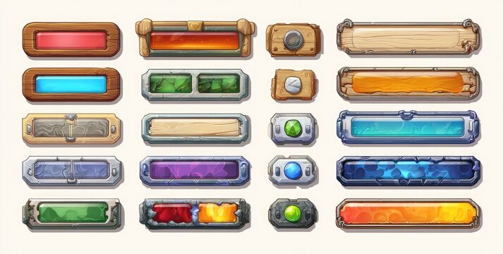 Game UI elements, various colored rectangular buttons, wooden, stone, and metal frames
