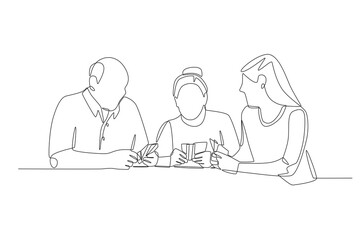 Family playing games. Family game night concept one-line drawing