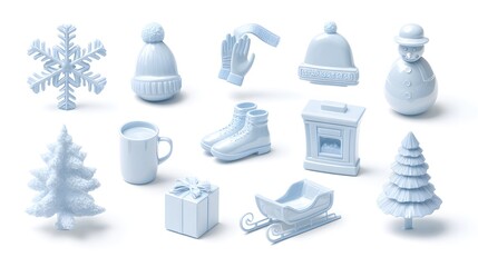 Merry Christmas and Happy New Year. Set of Christmas icons. Christmas decoration isolated on a white background. Top view. Flat lay.