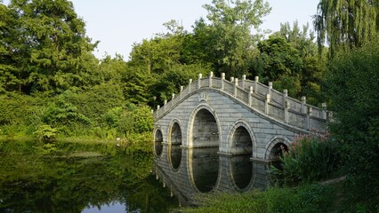 Chinese bridge in a park in Chengdu, China