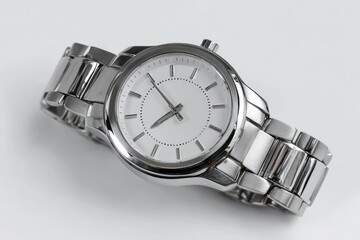 Sleek silver wristwatch, angled view. White dial with silver hands. Stainless steel band