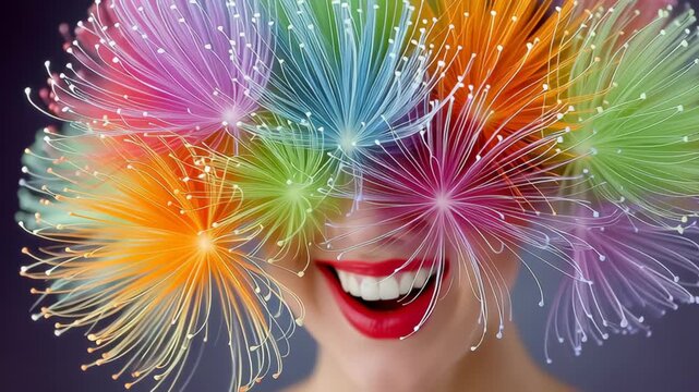 Vibrant woman with colorful floral hairstyle, joyfully expressing herself with a bright smile, showcasing a dynamic and playful scene of creativity and self-expression through vivid colors and texture