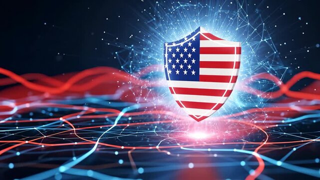 Digital shield with American flag design emerges from glowing network lines, symbolizing cybersecurity and protection in a modern technological landscape