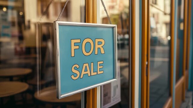 For sale sign hanging in window of empty storefront