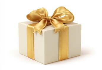 A cream-colored gift box, square-shaped, is adorned with a golden ribbon bow