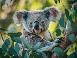 Fototapeta premium A koala sitting among lush eucalyptus branches, blending perfectly into its habitat