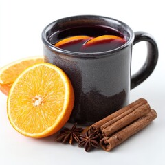 Dark mug of spiced warm drink with orange slices and cinnamon