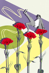 Vertical image art pop trend collage of happy man dance daisy garden summer spring season holiday celebration march greeting card