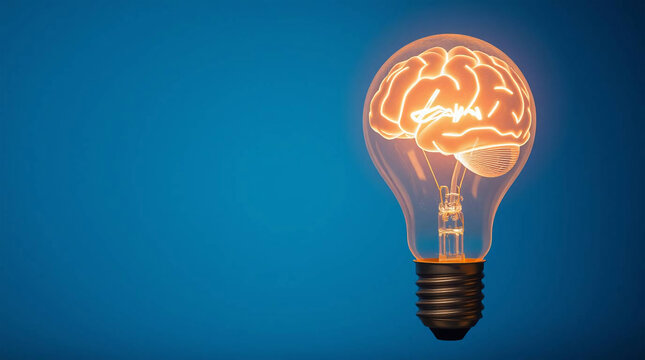 Glass glowing lightbulb with human brain as idea concept on blue background