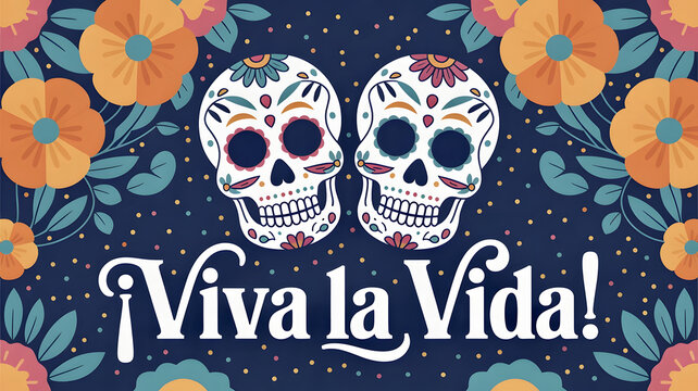 Vibrant decorative artwork featuring sugar skulls with flowers and the phrase Viva la Vida in celebration of life and culture