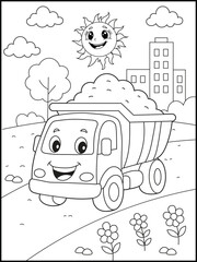 Dump Truck Coloring Page for Kids. Happy Cartoon Construction Vehicle with Load. Printable Line art for children