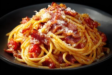 Delicious spaghetti alla amatriciana topped with crispy pancetta and grated cheese served in an elegant black dish