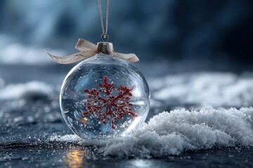 Beautiful transparent glass Christmas ball with realistic snow and red snowflake decoration placed on a winter surface