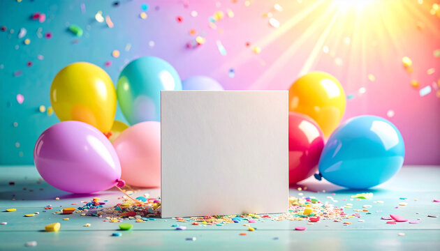Blank greeting card, colorful balloon and confetti on pastel surface. Cheerful birthday mock-up