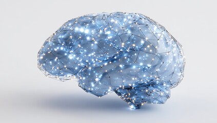 3D rendered brain, translucent, glowing neural connections