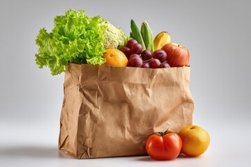 Brown paper bag filled with assorted fresh fruits and vegetables.  Fresh produce in a grocery sack on a plain background.  Colorful bounty of healthy food
