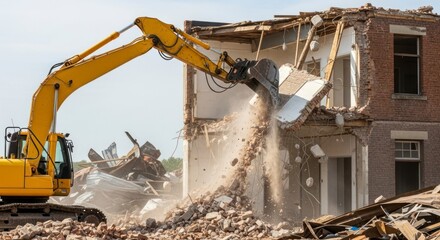 Fototapeta premium Heavy Yellow Excavator Claw Rips into a Building, Sending Debris Flying.