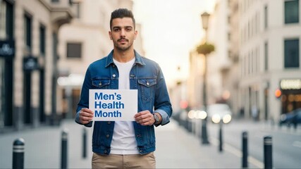 Confident man holding a sign promoting health awareness stands in a bustling urban street, showcasing community engagement and support for men's health initiatives