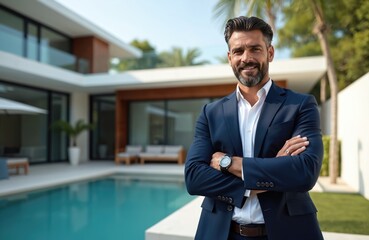 Confident businessman in suit standing arms crossed near modern luxury house with swimming pool. Sunny day, refined architecture, exclusive property symbol of wealth, success, ambition. Pro lifestyle.