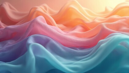 Flowing sheer fabric in pastel shades of orange, pink, purple, teal creates soft waves. Luxurious, smooth, silky material delicate, airy texture, perfect for summer, spring designs. Abstract gradient